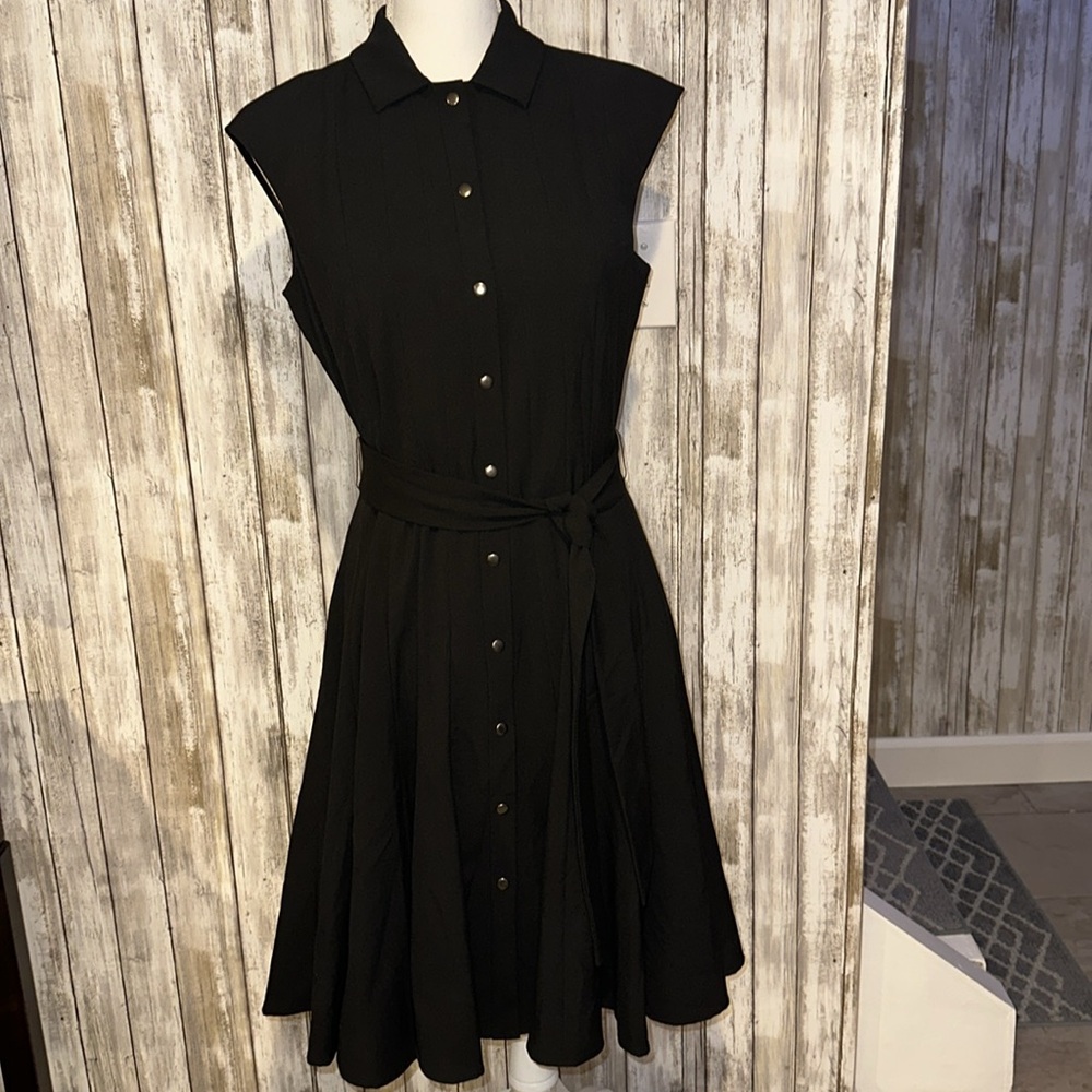 Calvin Klein Fitted Black Coat Dress w/Tie Belt and Poppers Full Skirt Size 6